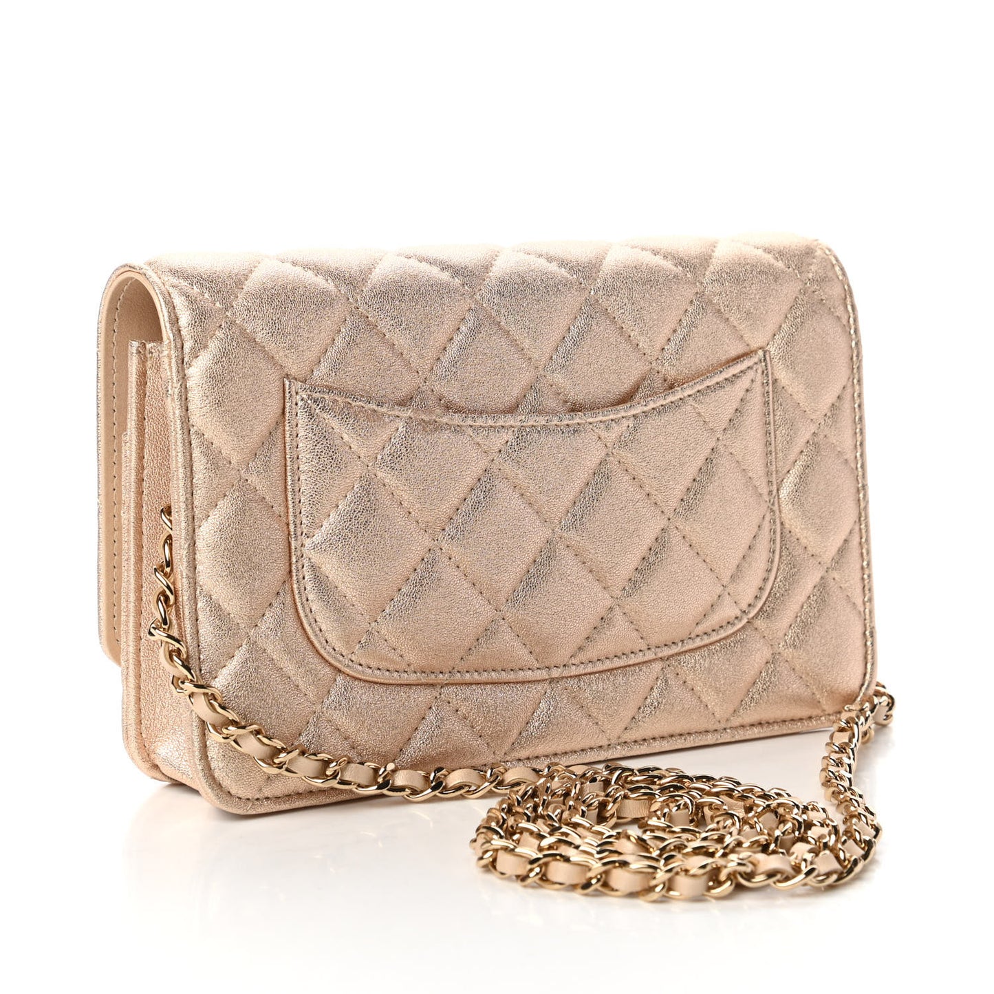 Metallic Lambskin Quilted Wallet On Chain WOC Gold