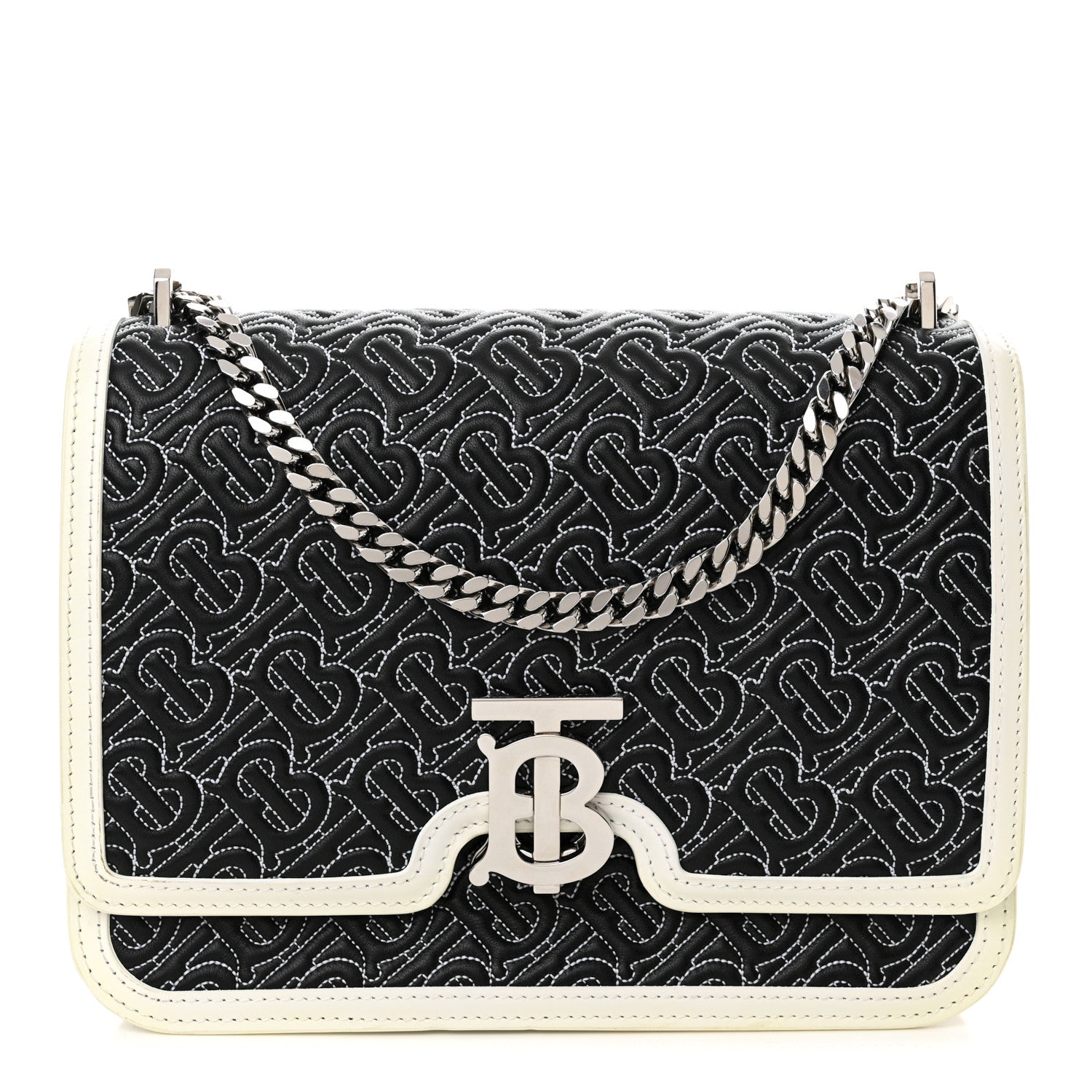 Burberry Calfskin Monogram Embossed Medium TB Chain Bag Black White 1 of 15
