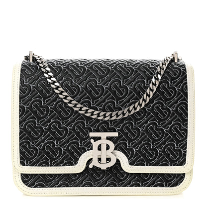 Burberry Calfskin Monogram Embossed Medium TB Chain Bag Black White 1 of 15