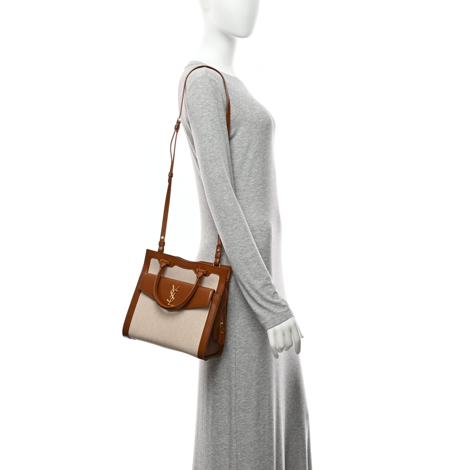 Saint Laurent Canvas Calfskin Small Uptown Tote Brown 2 of 10