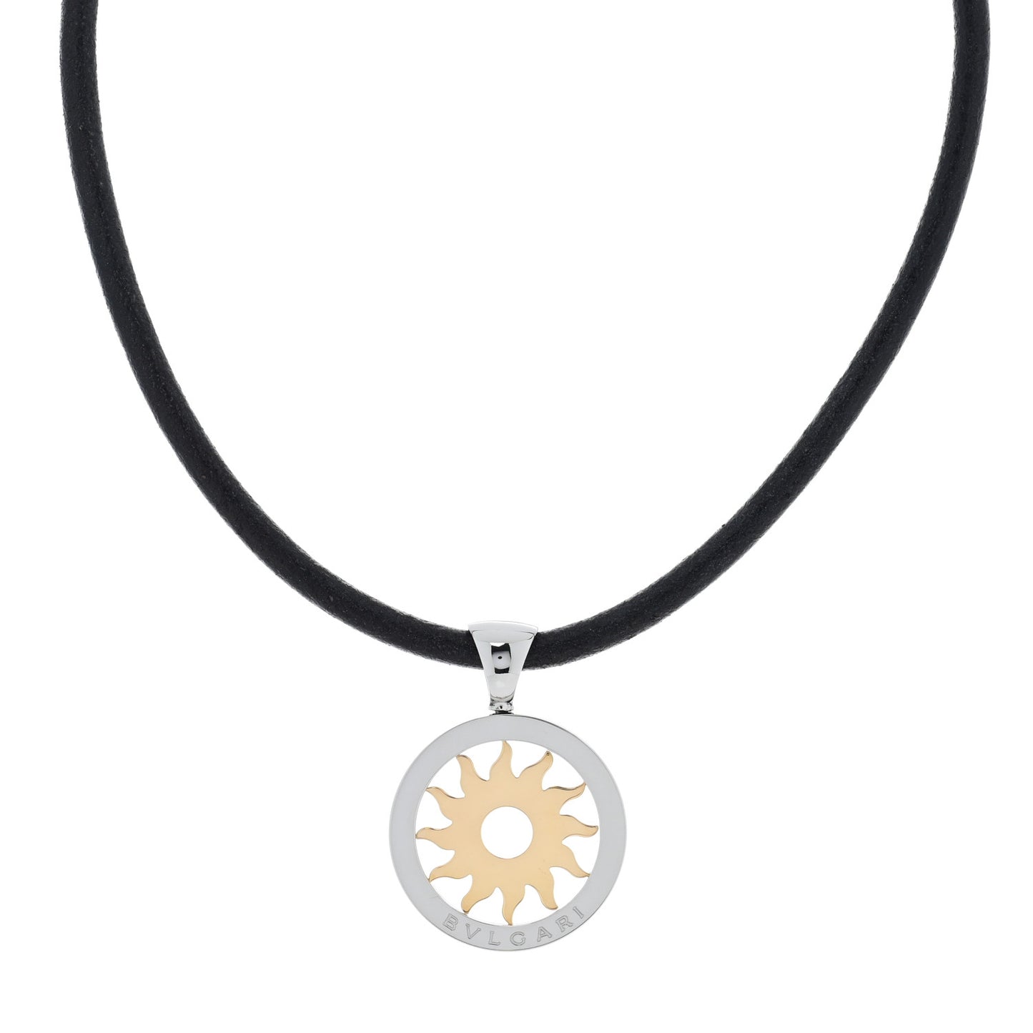 18K Yellow Gold Stainless Steel Calfskin Tondo Sun Pendant Necklace Black