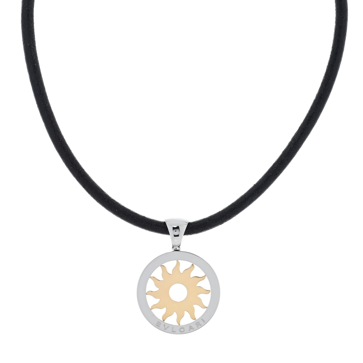 Bulgari 18K Yellow Gold Stainless Steel Calfskin Tondo Sun Pendant Necklace Black 1 of 6