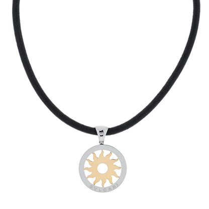 Bulgari 18K Yellow Gold Stainless Steel Calfskin Tondo Sun Pendant Necklace Black 1 of 6