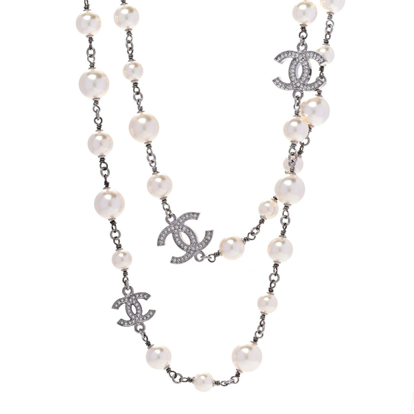 Graduated Pearl Crystal CC Long Necklace Silver