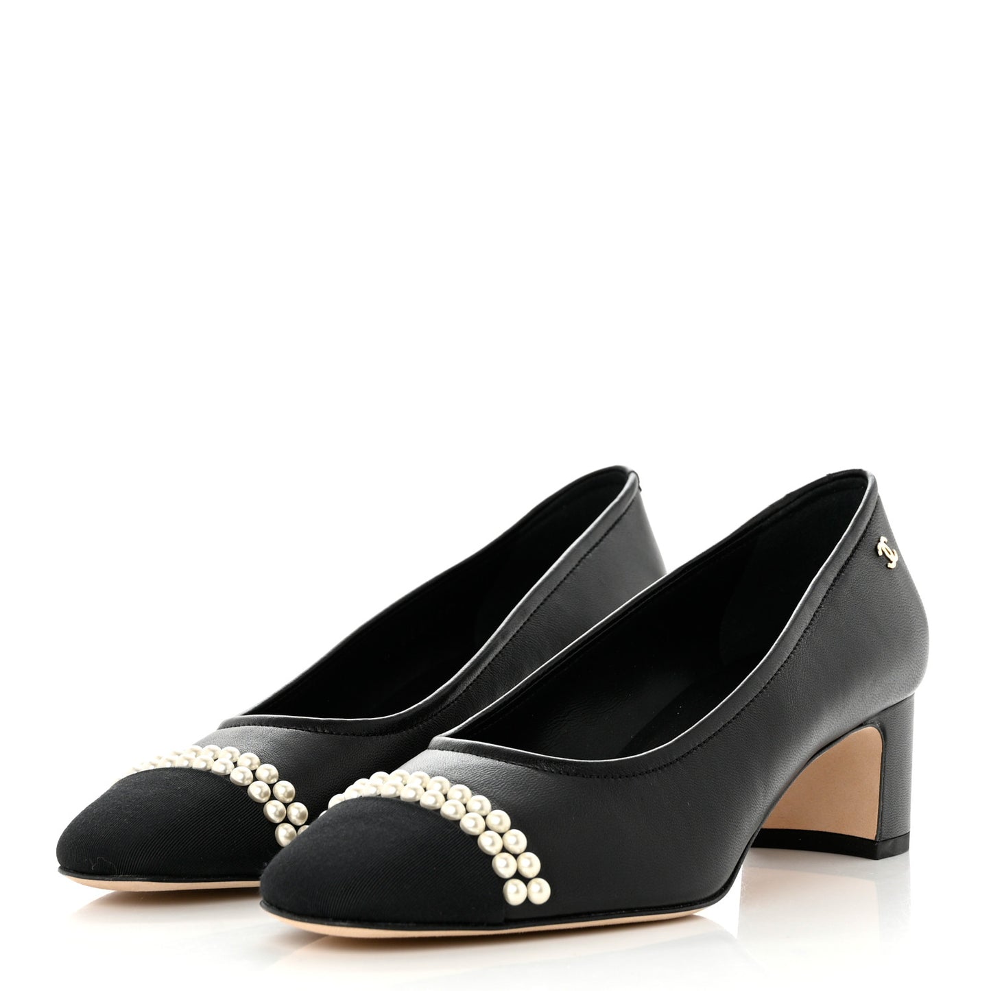 Lambskin Grosgrain Pearl Cap Toe CC Pumps 37 Black