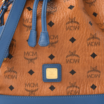 MCM Visetos Small Heritage Drawstring Bucket Bag Cognac Blue 9 of 10