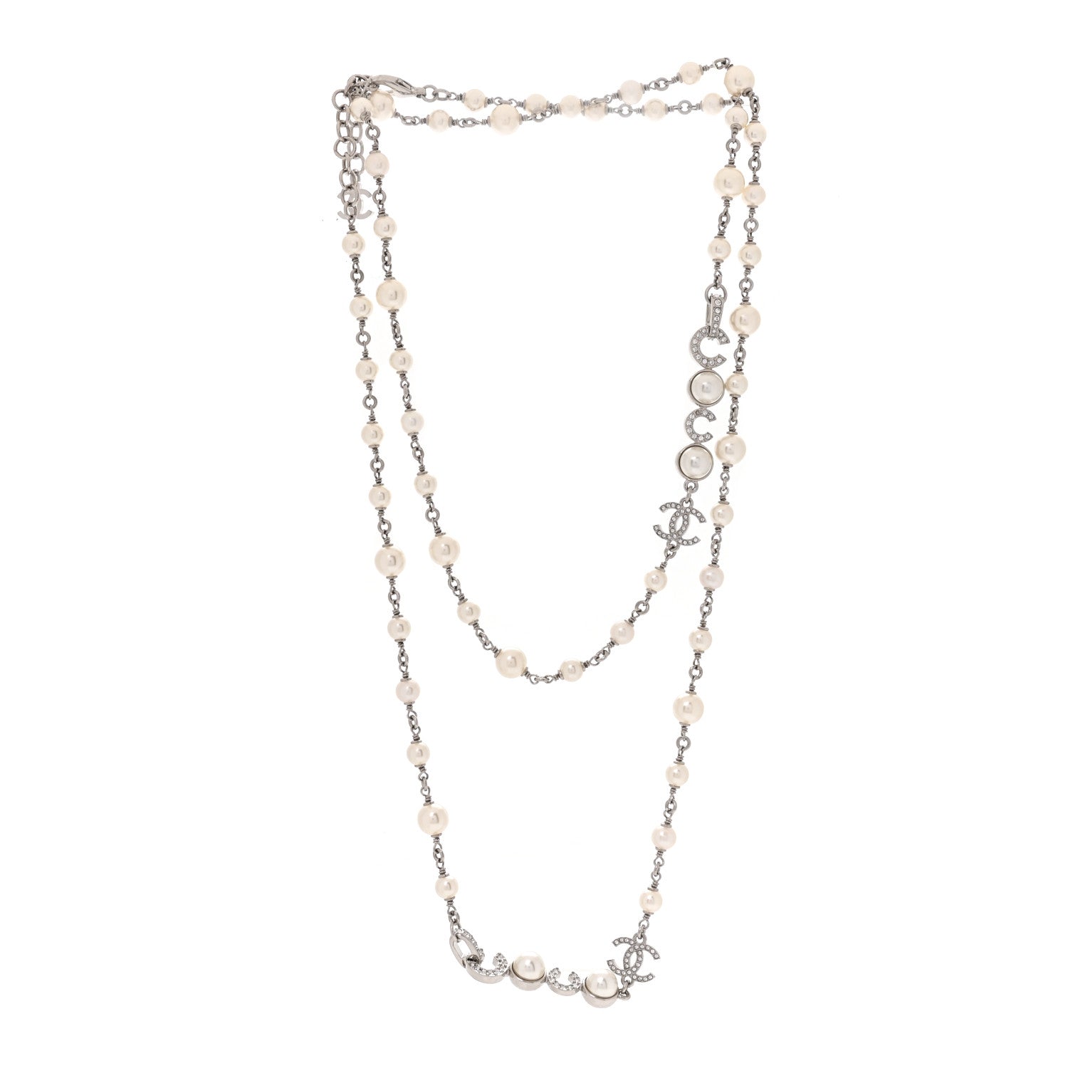 Chanel Metal Crystal Pearl Coco CC Necklace Silver 3 of 5
