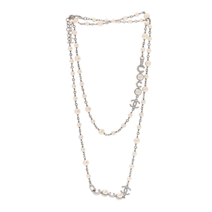 Chanel Metal Crystal Pearl Coco CC Necklace Silver 3 of 5