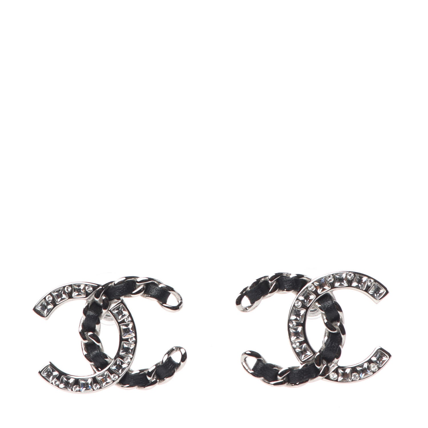 Chanel Crystal Baguette Lambskin Large CC Earrings Silver Black 1 of 5