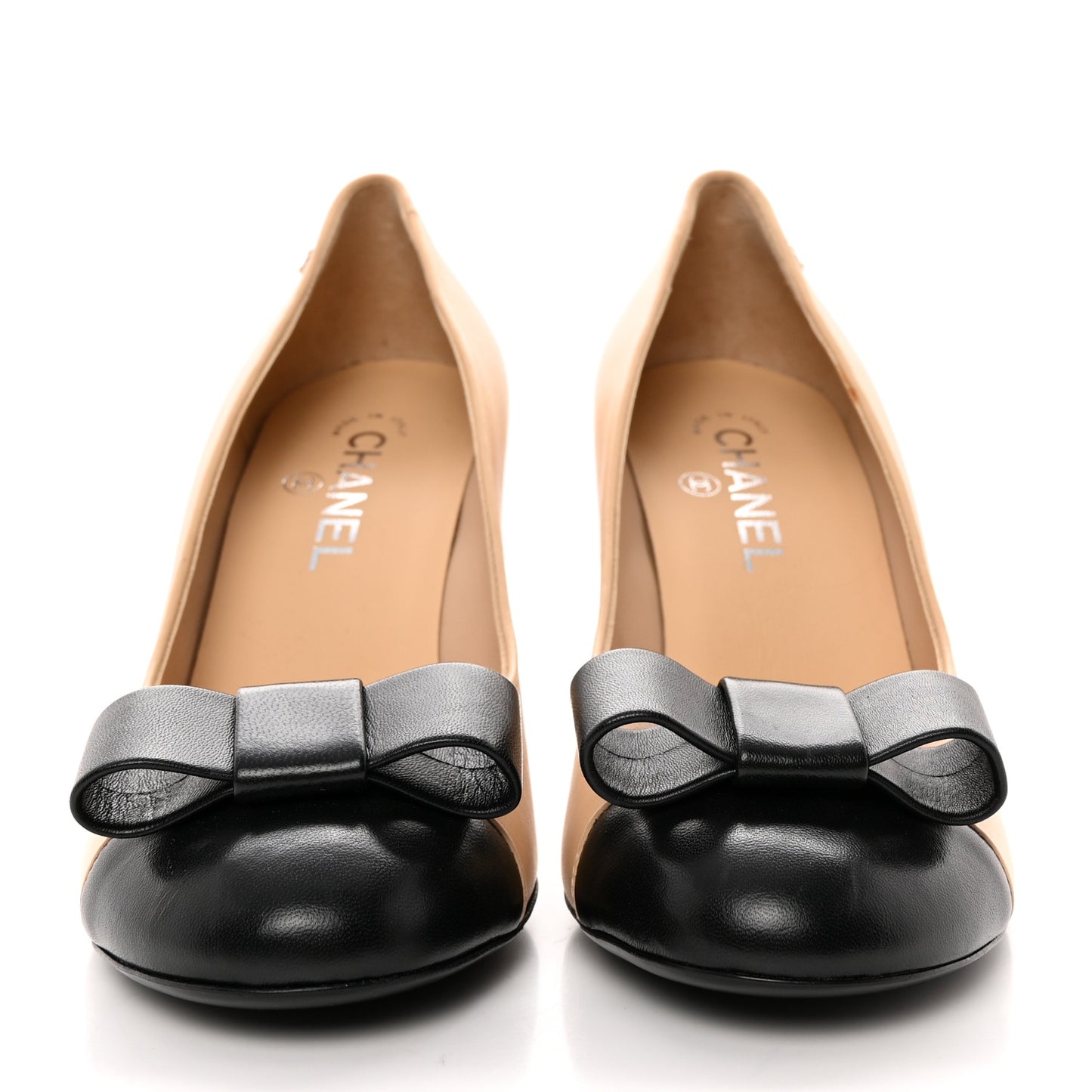 Lambskin Cap Toe Bow Pumps 40 Beige Black