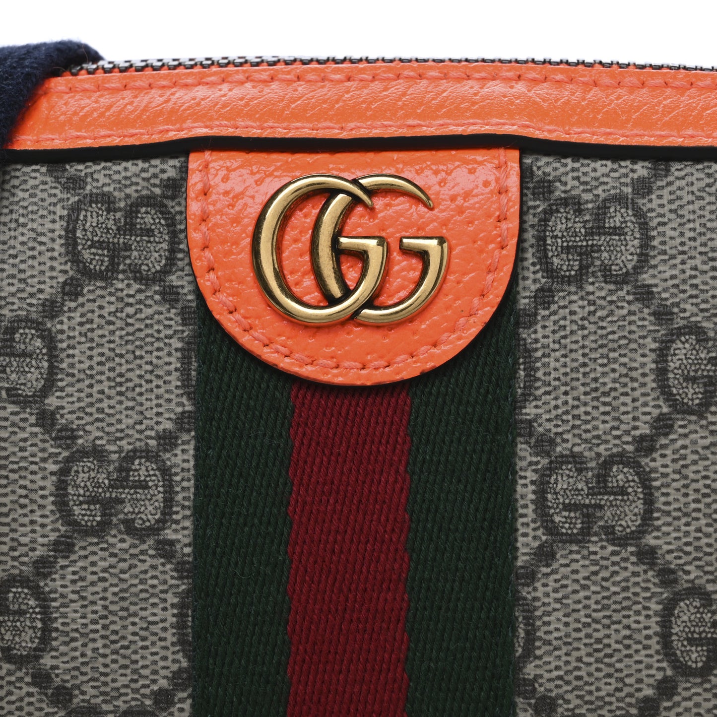 GG Supreme Monogram Textured Dollar Calfskin Web Ophidia Wristlet Shoulder Bag Beige Ebony Orange