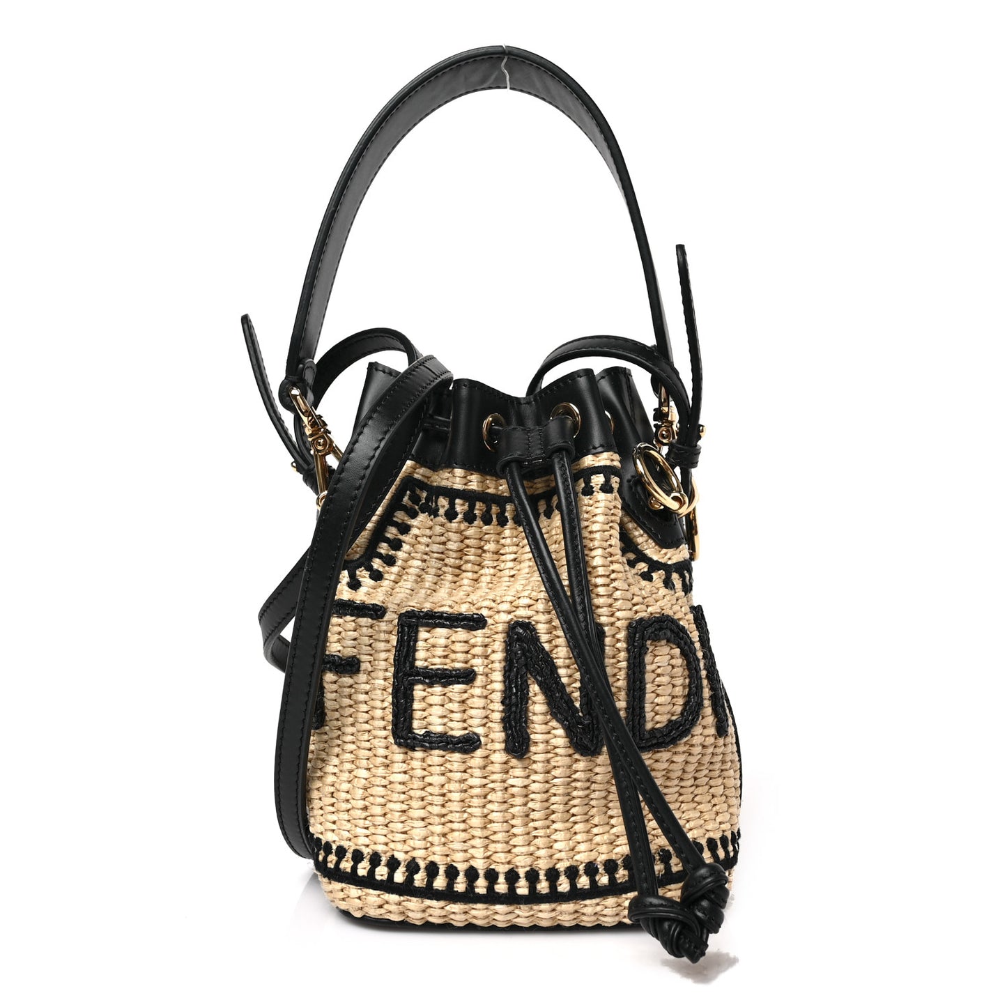 Straw F is Fendi Logo Crochet Mini Mon Tresor Bucket Bag Naturale Black