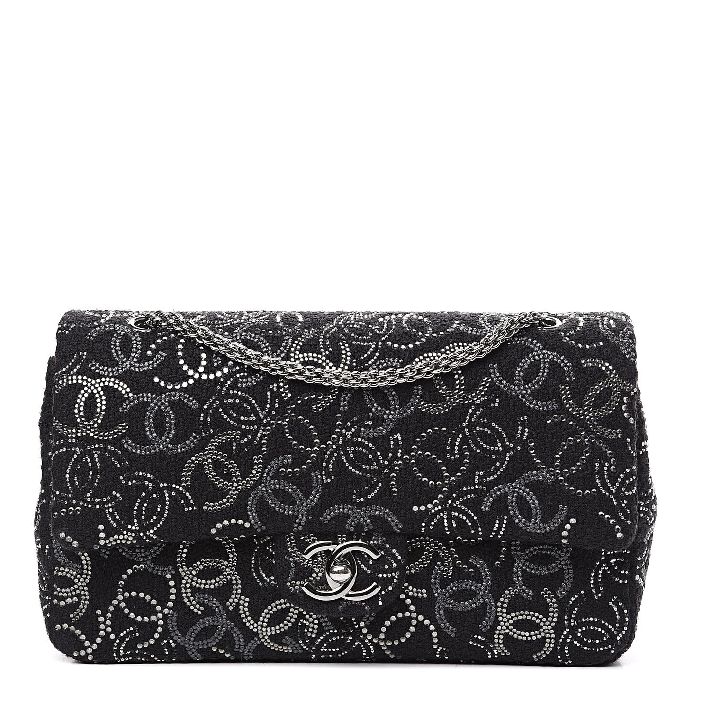 Tweed Strass Medium Pudong Double Flap Black