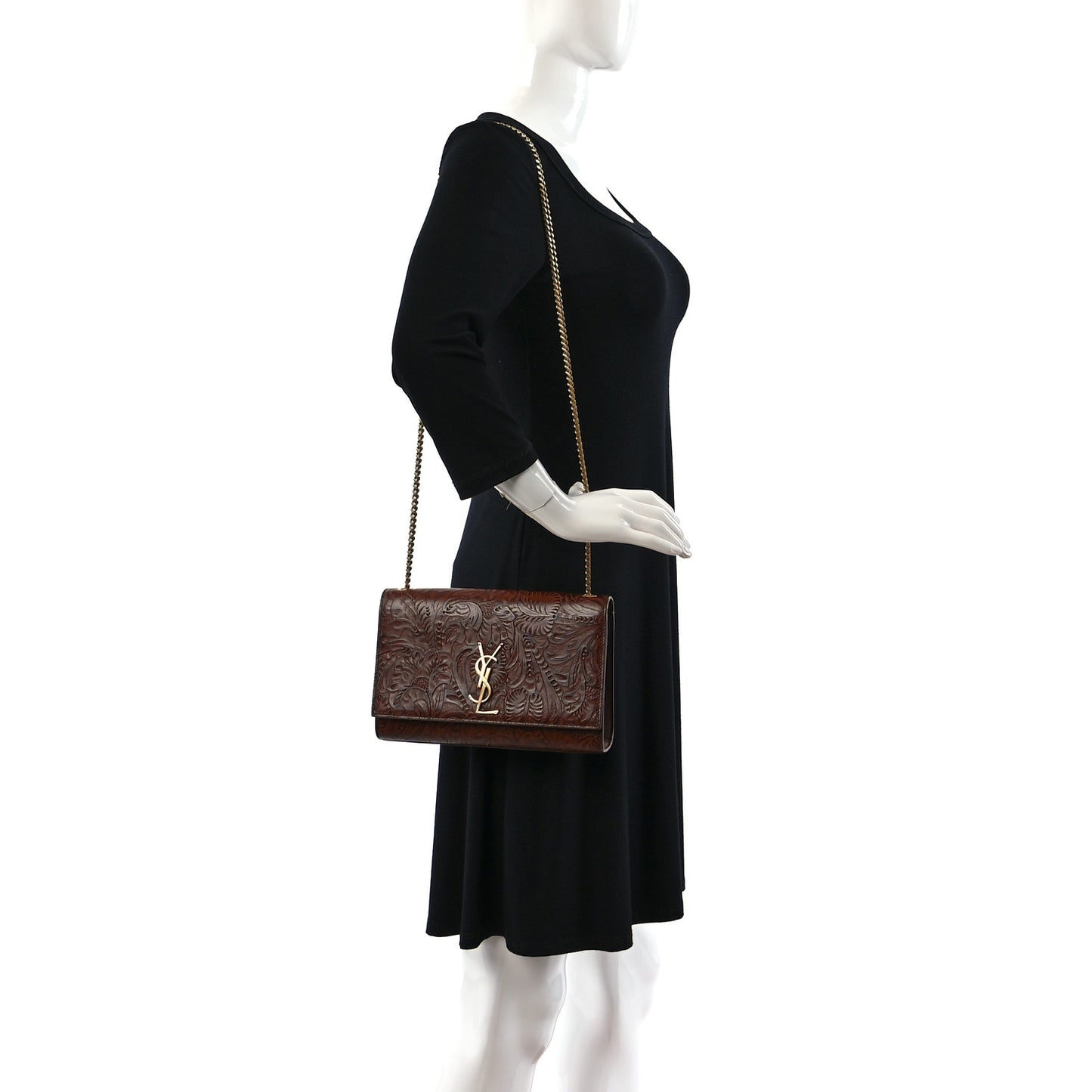 Calfskin Floral Tooling Embossed Medium Classic Monogram Kate Satchel Toasted Brown