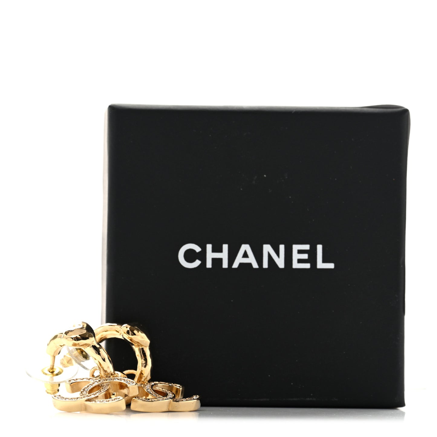 Metal Crystal Studded CC Hoop Drop Earrings Gold