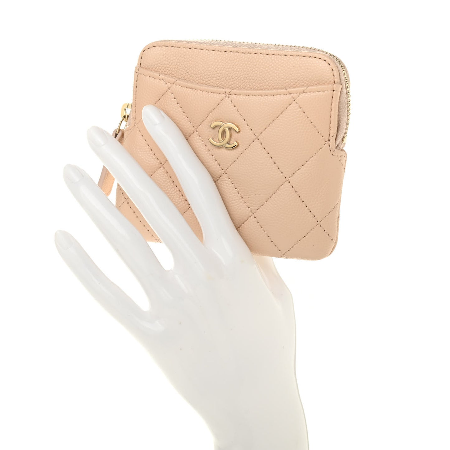 Caviar Quilted Zip Card Holder Wallet Light Beige
