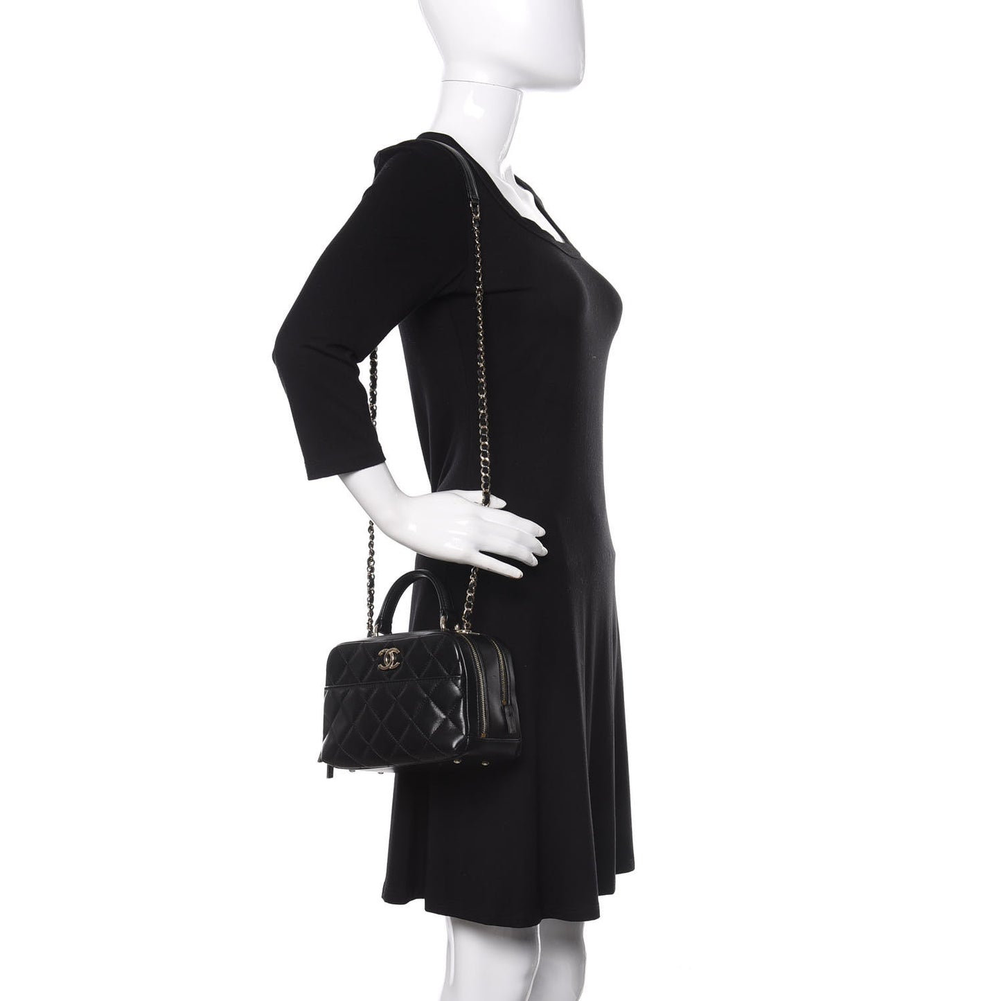 Lambskin Quilted Small Trendy CC Bowling Bag Black