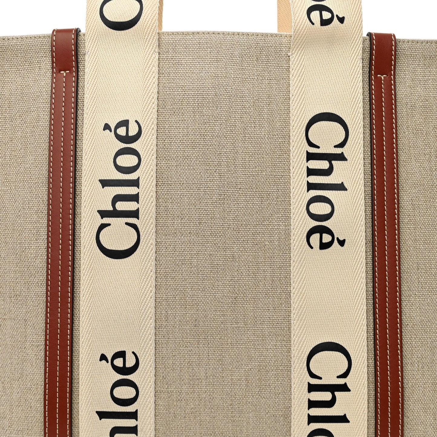Linen Calfskin Large Woody Ribbon Tote White Brown