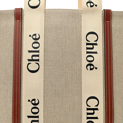 Chloe Linen Calfskin Large Woody Ribbon Tote White Brown 8 of 15