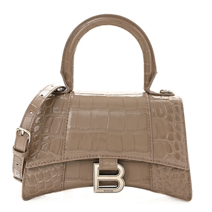 Balenciaga Shiny Calfskin Crocodile Embossed Hourglass Top Handle Bag XS Mink Grey 1 of 11