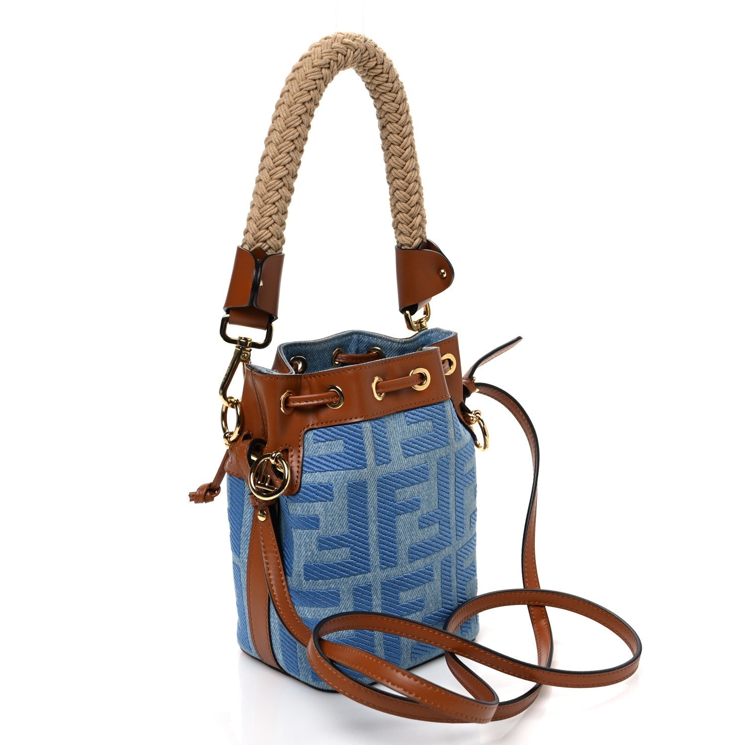 Fendi Denim Vitello King F is Fendi FF Embroidered Mini Mon Tresor Bucket Bag Denim Chiaro Brandy 3 of 10