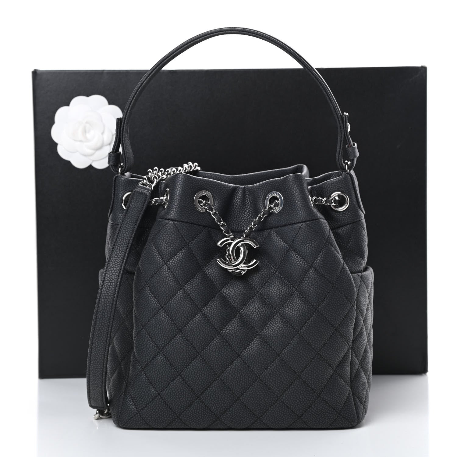 Chanel Caviar Flat Quilted CC Chain Bucket Drawstring Bag Black 11 of 11