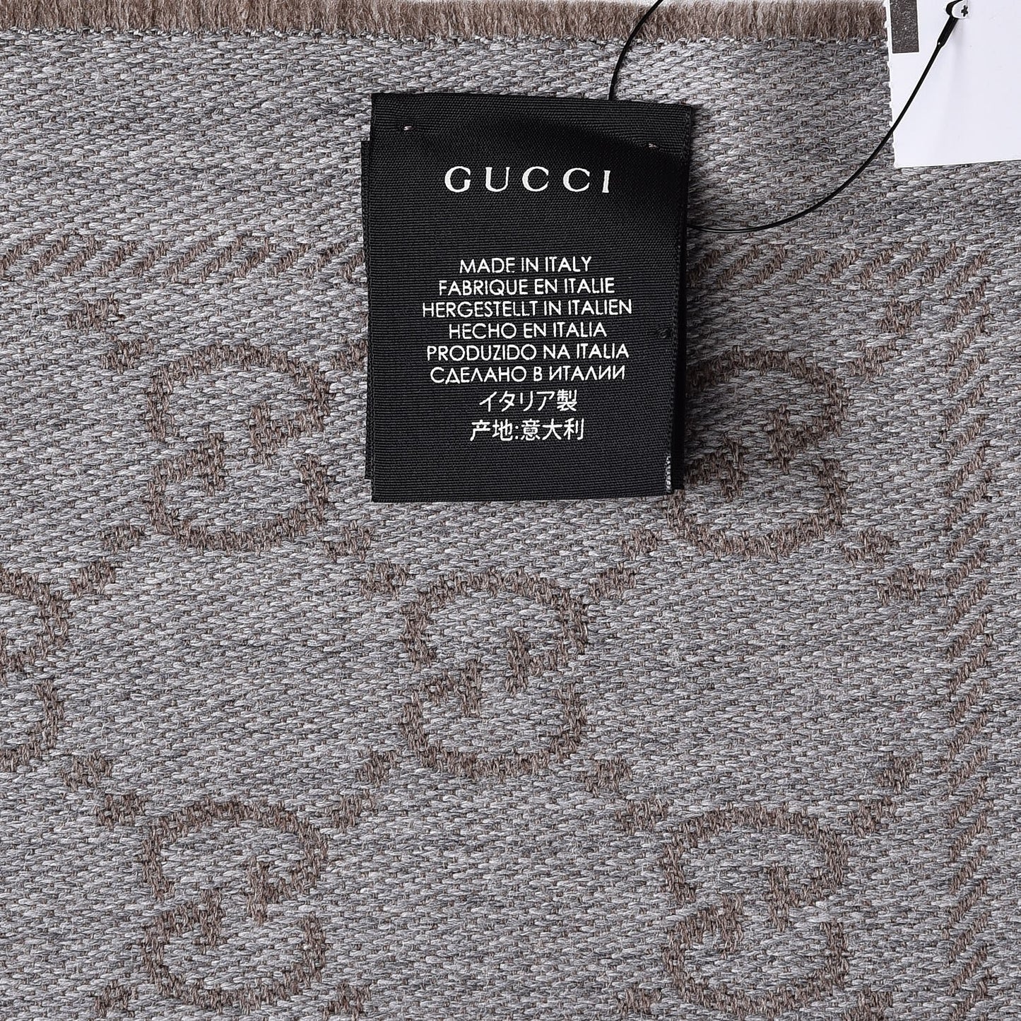 Wool Jacquard GG Monogram Sten Fringe Scarf Taupe Light Grey