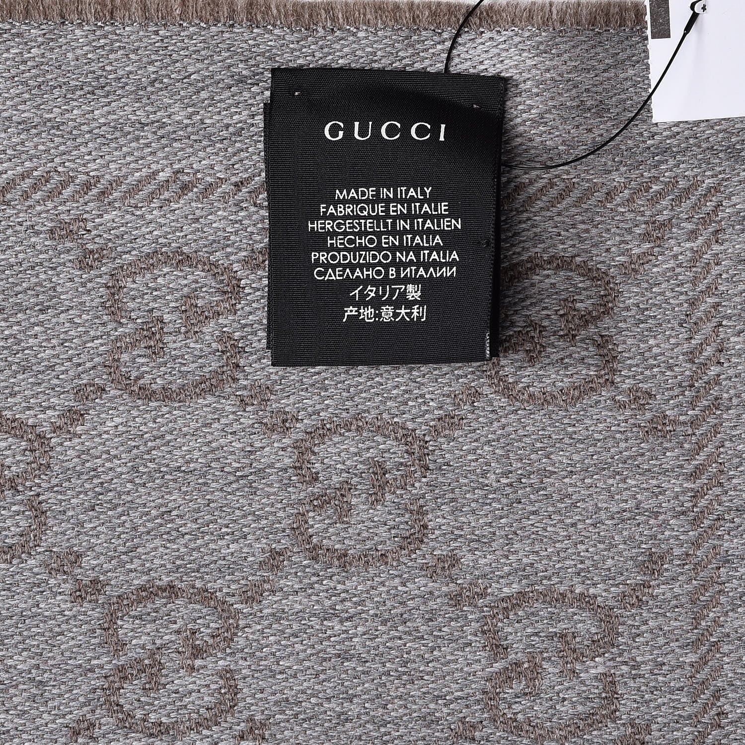 Gucci Wool Jacquard GG Monogram Sten Fringe Scarf Taupe Light Grey 4 of 5