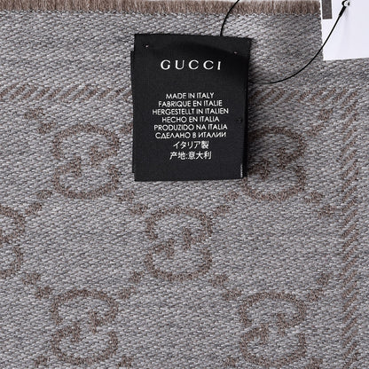Gucci Wool Jacquard GG Monogram Sten Fringe Scarf Taupe Light Grey 4 of 5