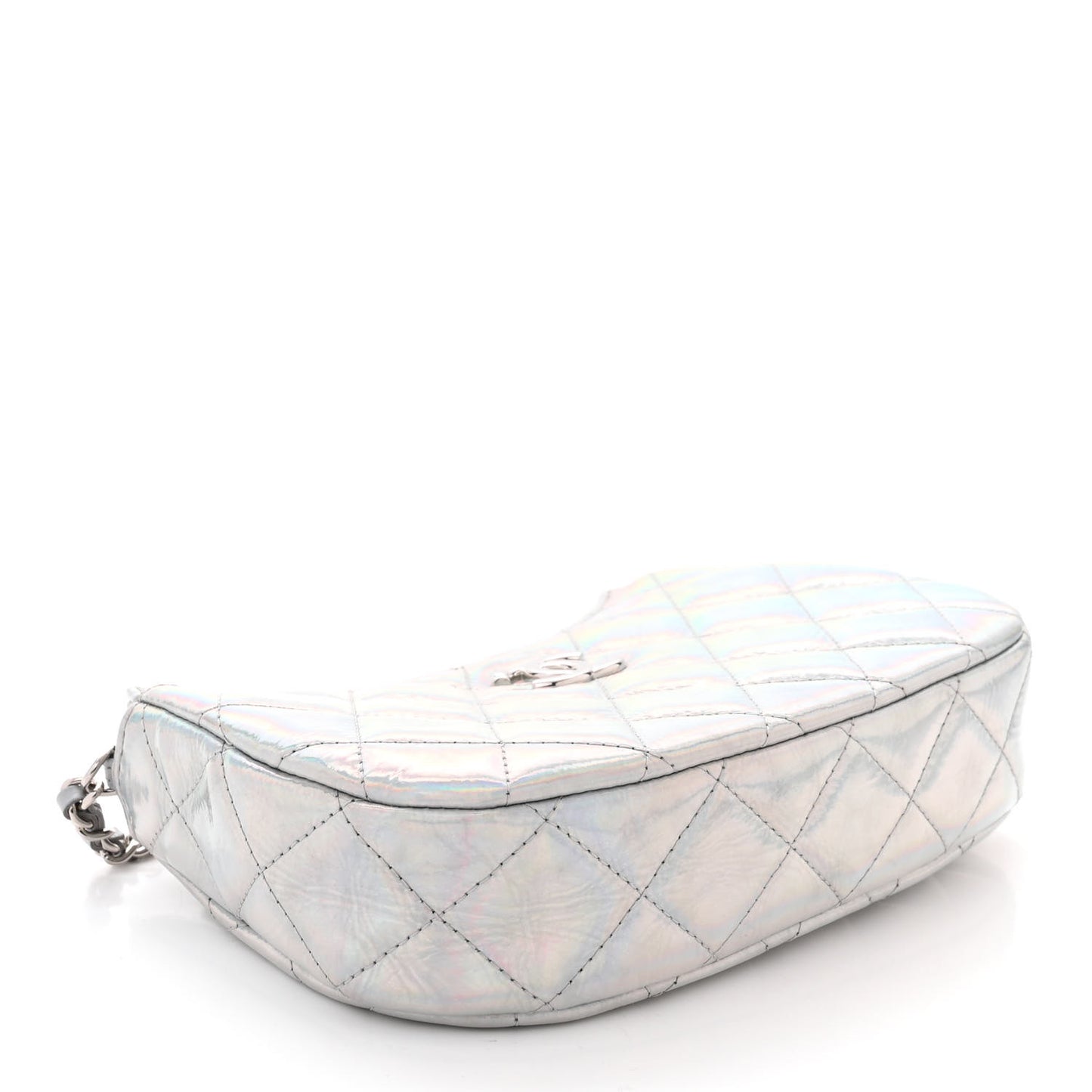 Iridescent Mirror Goatskin Quilted Clutch With Chain Silver