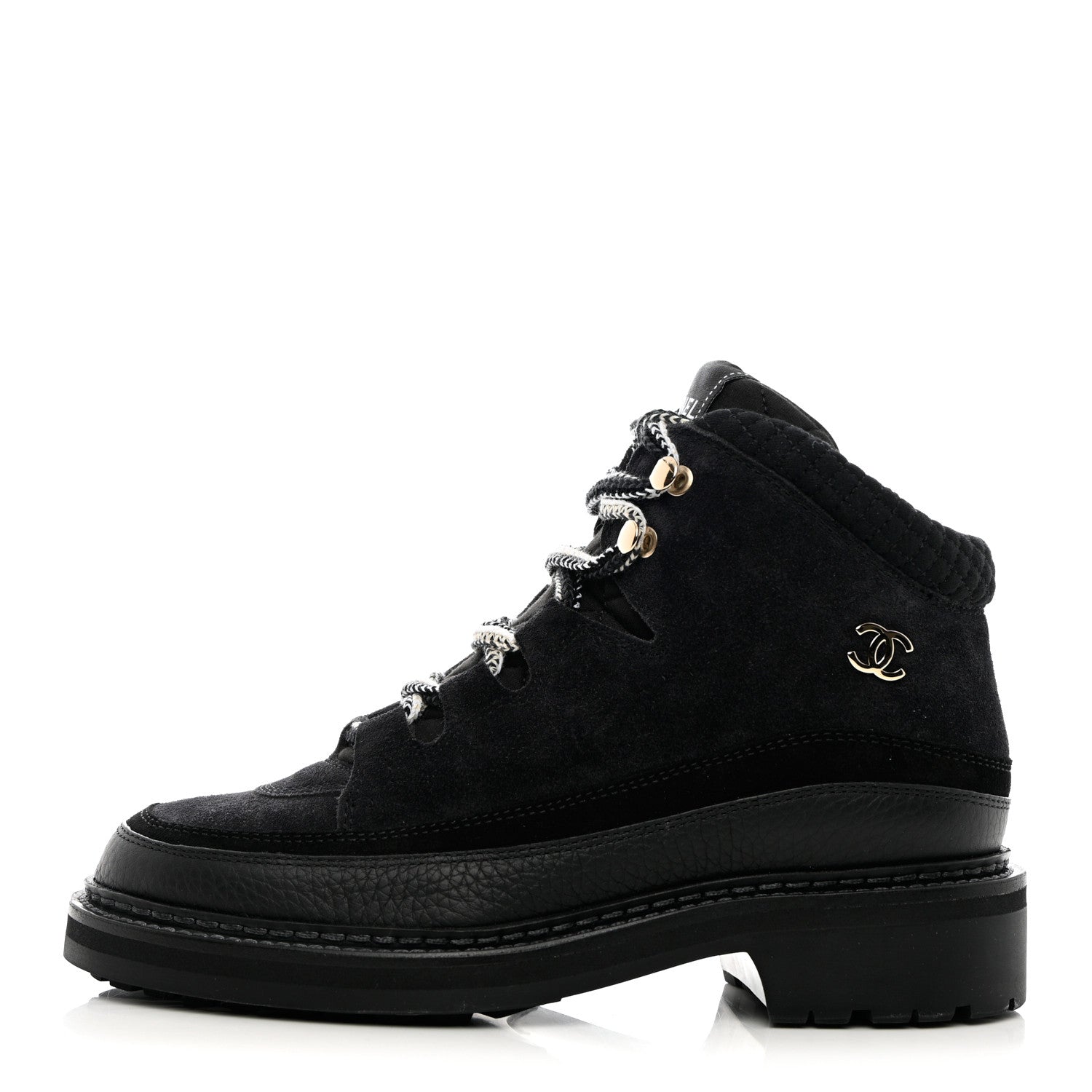 Chanel Suede Grained Calfskin CC Lace Up Boots 37 Black 1 of 11