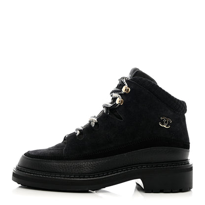 Chanel Suede Grained Calfskin CC Lace Up Boots 37 Black 1 of 11
