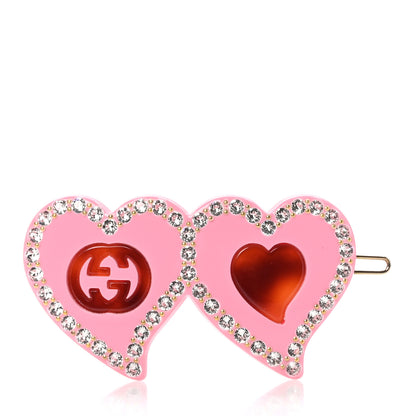 Gucci Resin Crystal Embellished GG Double Heart Hair Clip Pink 1 of 5