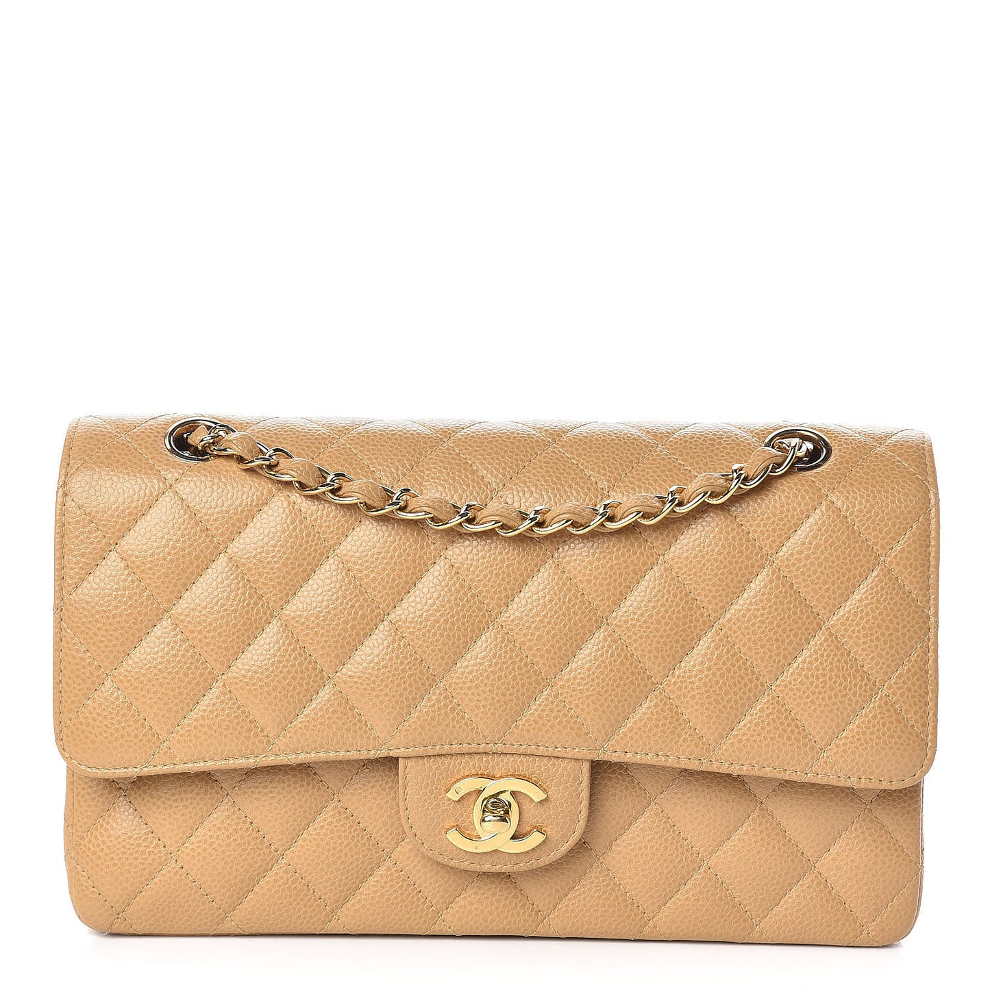 Caviar Quilted Medium Double Flap Beige