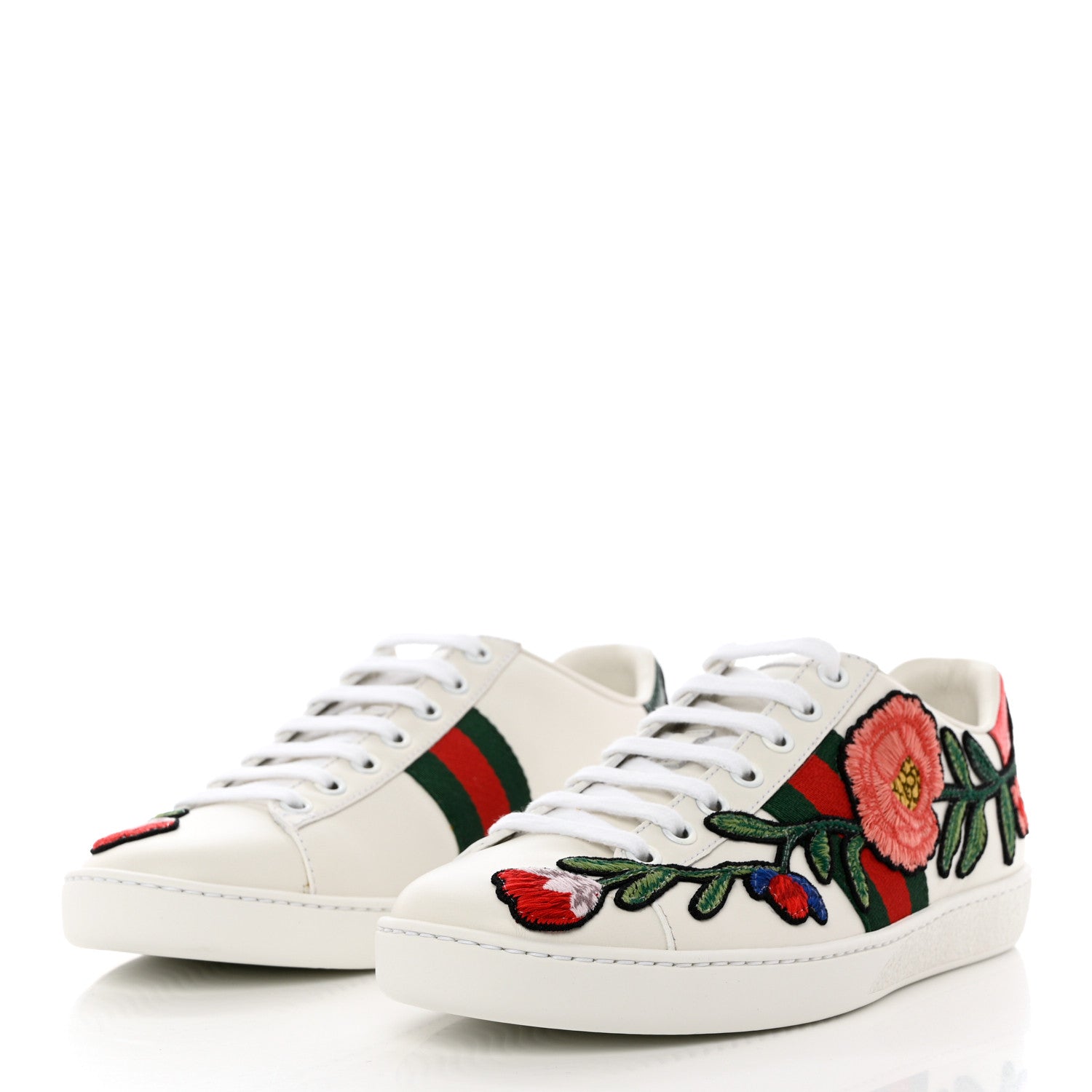 Gucci Calfskin Web Floral Embroidered Womens Ace Sneakers 37 White 3 of 11