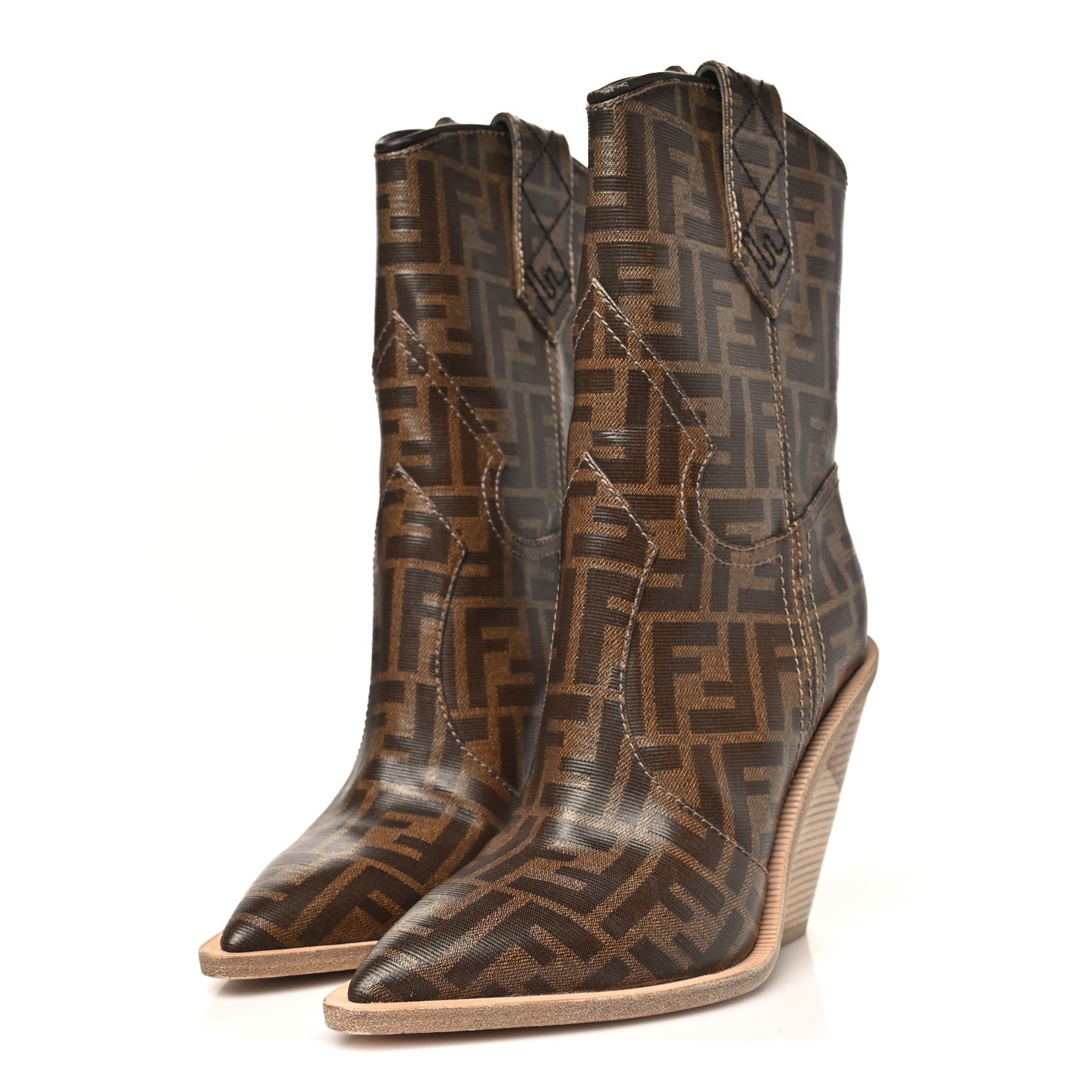 Fendi Glazed Fabric FF 1974 Cutwalk Ankle Boots 36 Mogano Panna 4 of 8