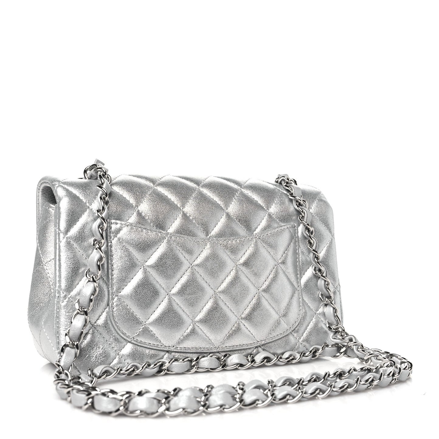 Metallic Lambskin Quilted Mini Rectangular Flap Silver