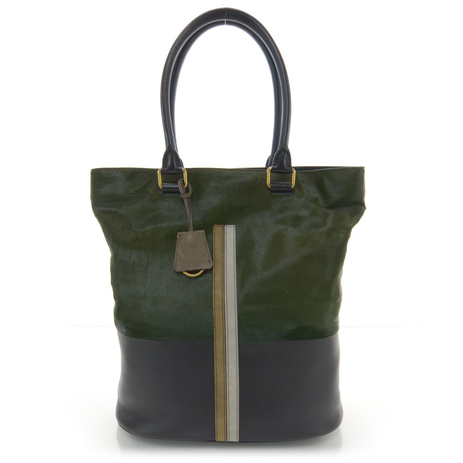 Celine Pony Hair Racer Stripe Tote Green 1 of 7