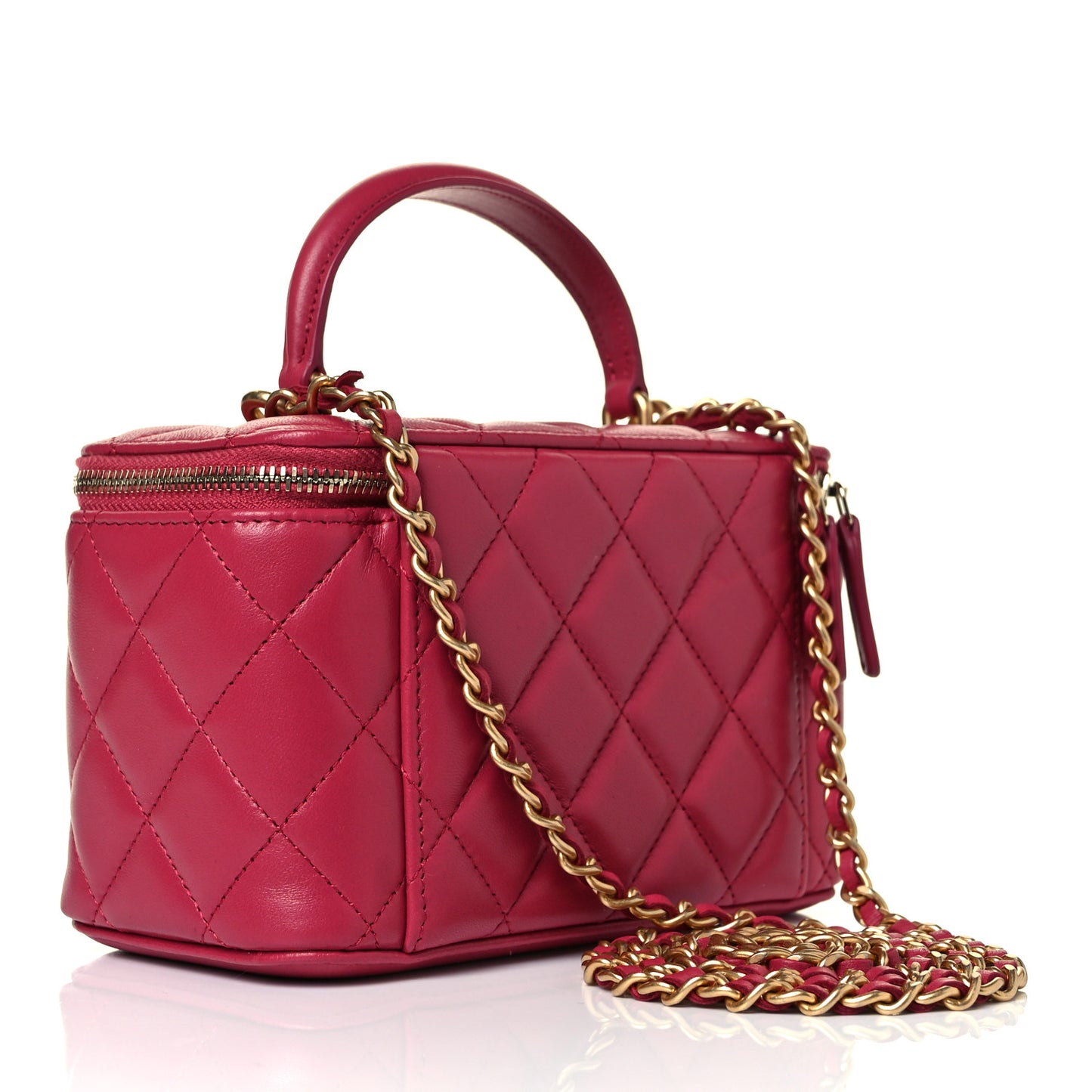 Lambskin Quilted Small Top Handle Vanity Case With Chain Dark Pink