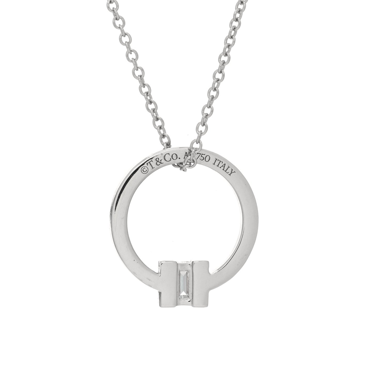 18K White Gold Diamond Tiffany T Baguette Pendant Necklace