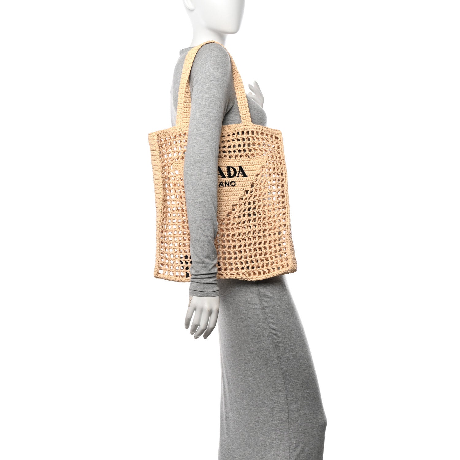 Prada Yarn Raffia Effect Crochet Logo Embroidered Tote Bag Naturale 2 of 12