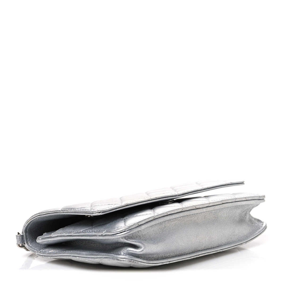 Metallic Lambskin Quilted Wallet On Chain WOC Silver