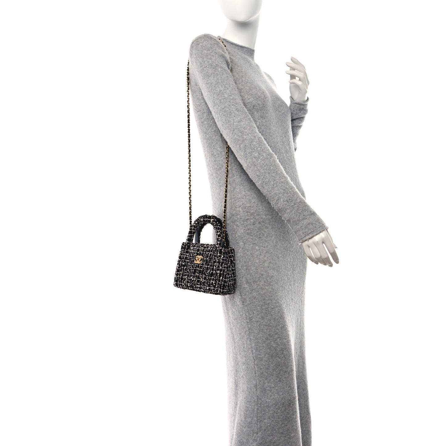 Tweed Quilted Nano Kelly Shopper Black White