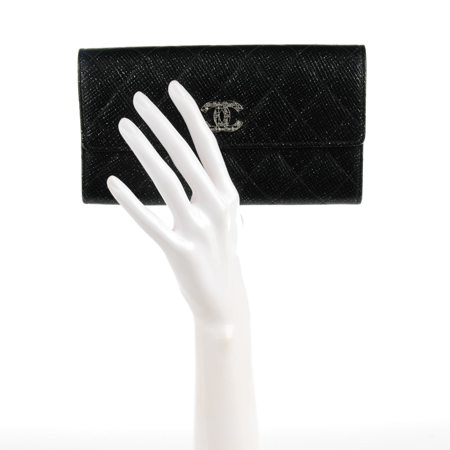 Glittered Calfskin Quilted Long Flap Wallet Black