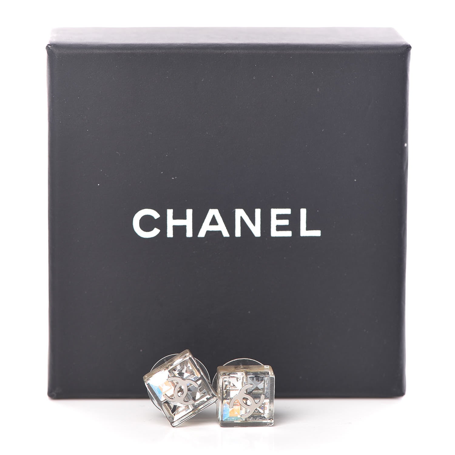 Chanel Transparent Resin Iridescent Crystal CC Cube Earrings Silver 5 of 5