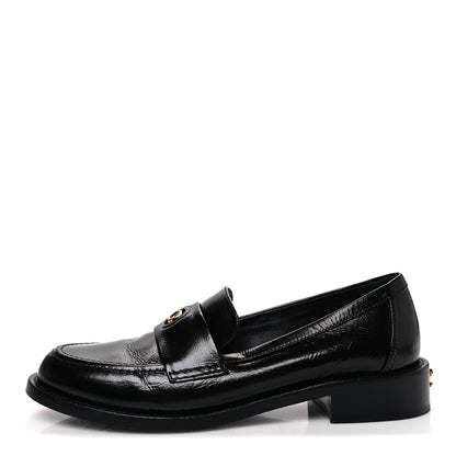 Chanel Shiny Calfskin Logo Loafers 38.5 Black 1 of 10