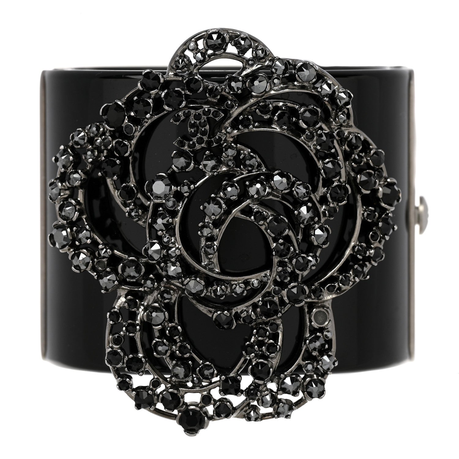 Chanel Resin Crystal Camellia CC Cuff Black 1 of 5