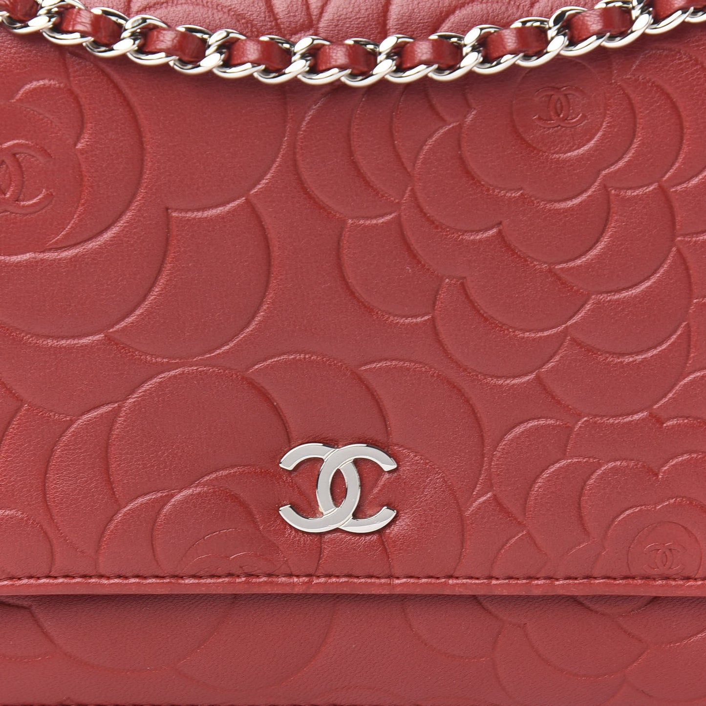 Lambskin Camellia Embossed Wallet On Chain WOC Dark Red
