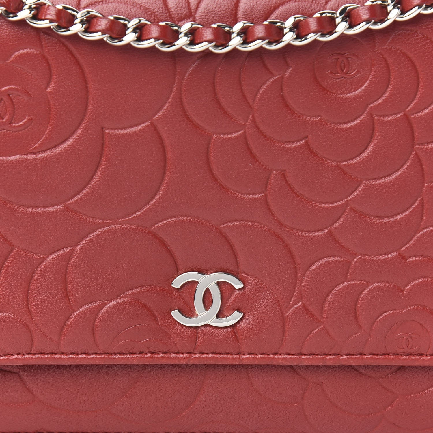 Chanel Lambskin Camellia Embossed Wallet On Chain WOC Dark Red 13 of 13