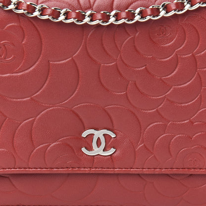 Chanel Lambskin Camellia Embossed Wallet On Chain WOC Dark Red 13 of 13